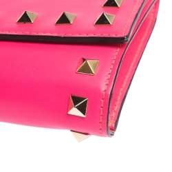 Pre Owned Valentino Neon Pink Leather Rockstud Wristlet Flap Clutch