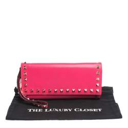 Pre Owned Valentino Neon Pink Leather Rockstud Wristlet Flap Clutch