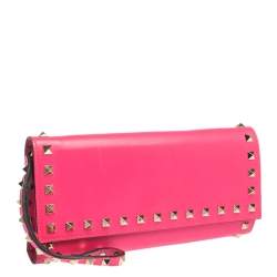 Pre Owned Valentino Neon Pink Leather Rockstud Wristlet Flap Clutch