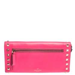Pre Owned Valentino Neon Pink Leather Rockstud Wristlet Flap Clutch