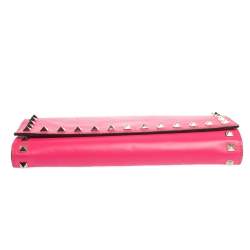 Pre Owned Valentino Neon Pink Leather Rockstud Wristlet Flap Clutch