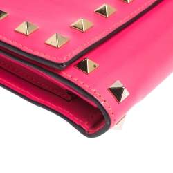 Pre Owned Valentino Neon Pink Leather Rockstud Wristlet Flap Clutch