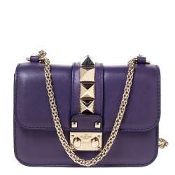Pre Owned Valentino Purple Leather Mini Rockstud Glam Lock Flap Bag