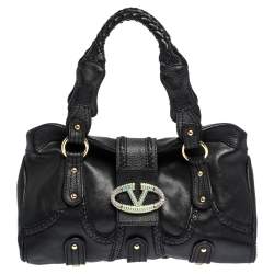 Pre Owned Valentino Black Leather Crystal Embellished Catch Satchel