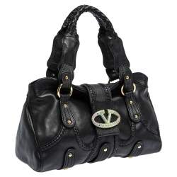 Pre Owned Valentino Black Leather Crystal Embellished Catch Satchel