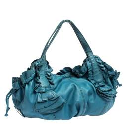 Pre Owned Valentino Blue Leather Ruffle Idylle Hobo