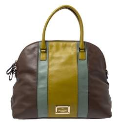Pre Owned Valentino Tri Color Stripe Leather Front Pocket Satchel