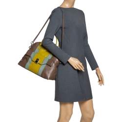 Pre Owned Valentino Tri Color Stripe Leather Front Pocket Satchel