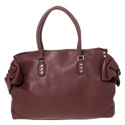 Pre Owned Valentino Burgundy Studded Soft Leather Bow Tote