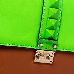 Pre Owned Valentino Green/Tan Leather Rockstud Medium Glam Lock Flap Bag