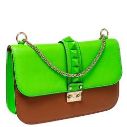 Pre Owned Valentino Green/Tan Leather Rockstud Medium Glam Lock Flap Bag