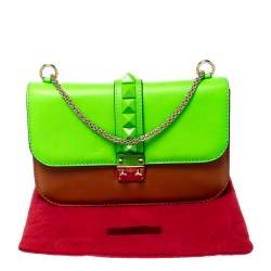Pre Owned Valentino Green/Tan Leather Rockstud Medium Glam Lock Flap Bag