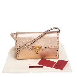 Pre Owned Valentino Metallic Rose Gold Leather Small Rockstud Shoulder Bag