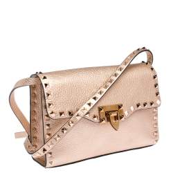 Pre Owned Valentino Metallic Rose Gold Leather Small Rockstud Shoulder Bag