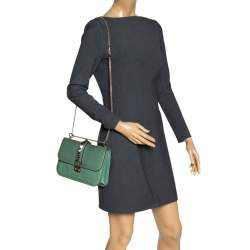 Pre Owned Valentino Green Patent Leather Rockstud Medium Glam Lock Flap Bag