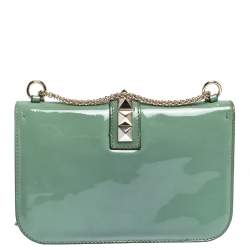 Pre Owned Valentino Green Patent Leather Rockstud Medium Glam Lock Flap Bag