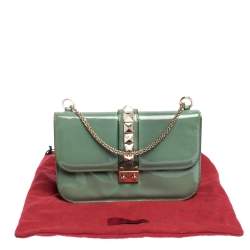 Pre Owned Valentino Green Patent Leather Rockstud Medium Glam Lock Flap Bag