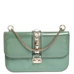 Pre Owned Valentino Green Patent Leather Rockstud Medium Glam Lock Flap Bag