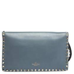 Pre Owned Valentino Blue Dust Leather Rockstud Wristlet Clutch