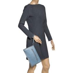 Pre Owned Valentino Blue Dust Leather Rockstud Wristlet Clutch