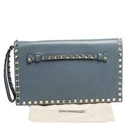 Pre Owned Valentino Blue Dust Leather Rockstud Wristlet Clutch