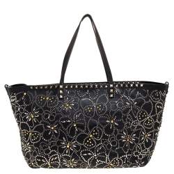 Pre Owned Valentino Black Leather Rockstud Shopper Tote