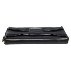 Valentino Black Leather Pleated Bow Continental Wallet