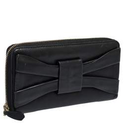 Valentino Black Leather Pleated Bow Continental Wallet