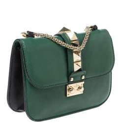 Pre Owned Valentino Green/Black Leather Small Rockstud Glam Lock Flap Bag