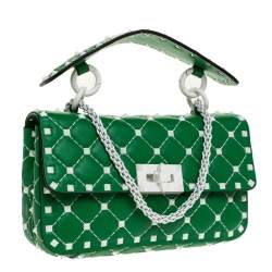 Pre Owned Valentino Green Quilted Leather Small Rockstud Spike Chain Shoulder Bag