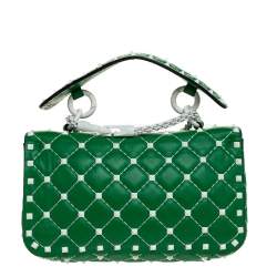 Pre Owned Valentino Green Quilted Leather Small Rockstud Spike Chain Shoulder Bag