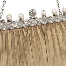 Pre Owned Valentino Beige Satin Crystal and Pearl Embellished Frame Chain Clutch