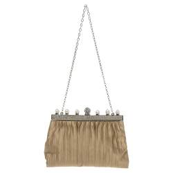 Pre Owned Valentino Beige Satin Crystal and Pearl Embellished Frame Chain Clutch