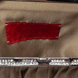 Pre Owned Valentino Beige Satin Crystal and Pearl Embellished Frame Chain Clutch