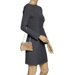 Pre Owned Valentino Beige Satin Crystal and Pearl Embellished Frame Chain Clutch