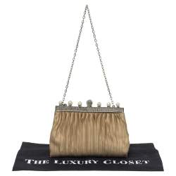 Pre Owned Valentino Beige Satin Crystal and Pearl Embellished Frame Chain Clutch