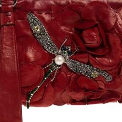 Pre Owned Valentino Red Leather Crystal Embellished Dragonfly Wristlet Clutch