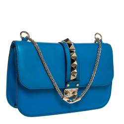 Pre Owned Valentino Turquoise Leather Medium Rockstud Glam Lock Flap Bag