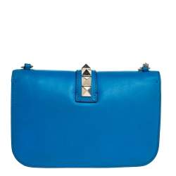 Pre Owned Valentino Turquoise Leather Medium Rockstud Glam Lock Flap Bag