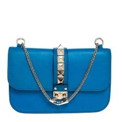 Pre Owned Valentino Turquoise Leather Medium Rockstud Glam Lock Flap Bag