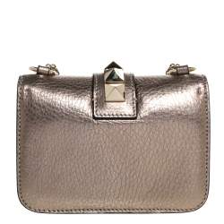 Pre Owned Valentino Metallic Gold Leather Mini Glam Lock Shoulder Bag