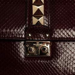 Pre Owned Valentino Burgundy Python Small Rockstud Glam Lock Flap Bag