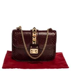 Pre Owned Valentino Burgundy Python Small Rockstud Glam Lock Flap Bag