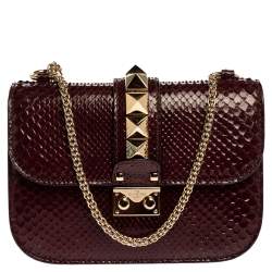 Pre Owned Valentino Burgundy Python Small Rockstud Glam Lock Flap Bag