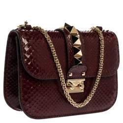 Pre Owned Valentino Burgundy Python Small Rockstud Glam Lock Flap Bag
