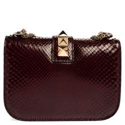 Pre Owned Valentino Burgundy Python Small Rockstud Glam Lock Flap Bag