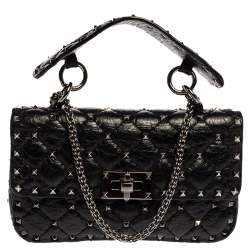 Pre Owned Valentino Black Quilted Soft Crackle Leather Small Rockstud Spike Shoulder Bag