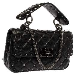 Pre Owned Valentino Black Quilted Soft Crackle Leather Small Rockstud Spike Shoulder Bag