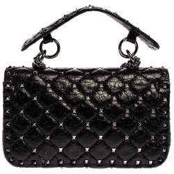Pre Owned Valentino Black Quilted Soft Crackle Leather Small Rockstud Spike Shoulder Bag
