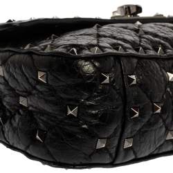 Pre Owned Valentino Black Quilted Soft Crackle Leather Small Rockstud Spike Shoulder Bag